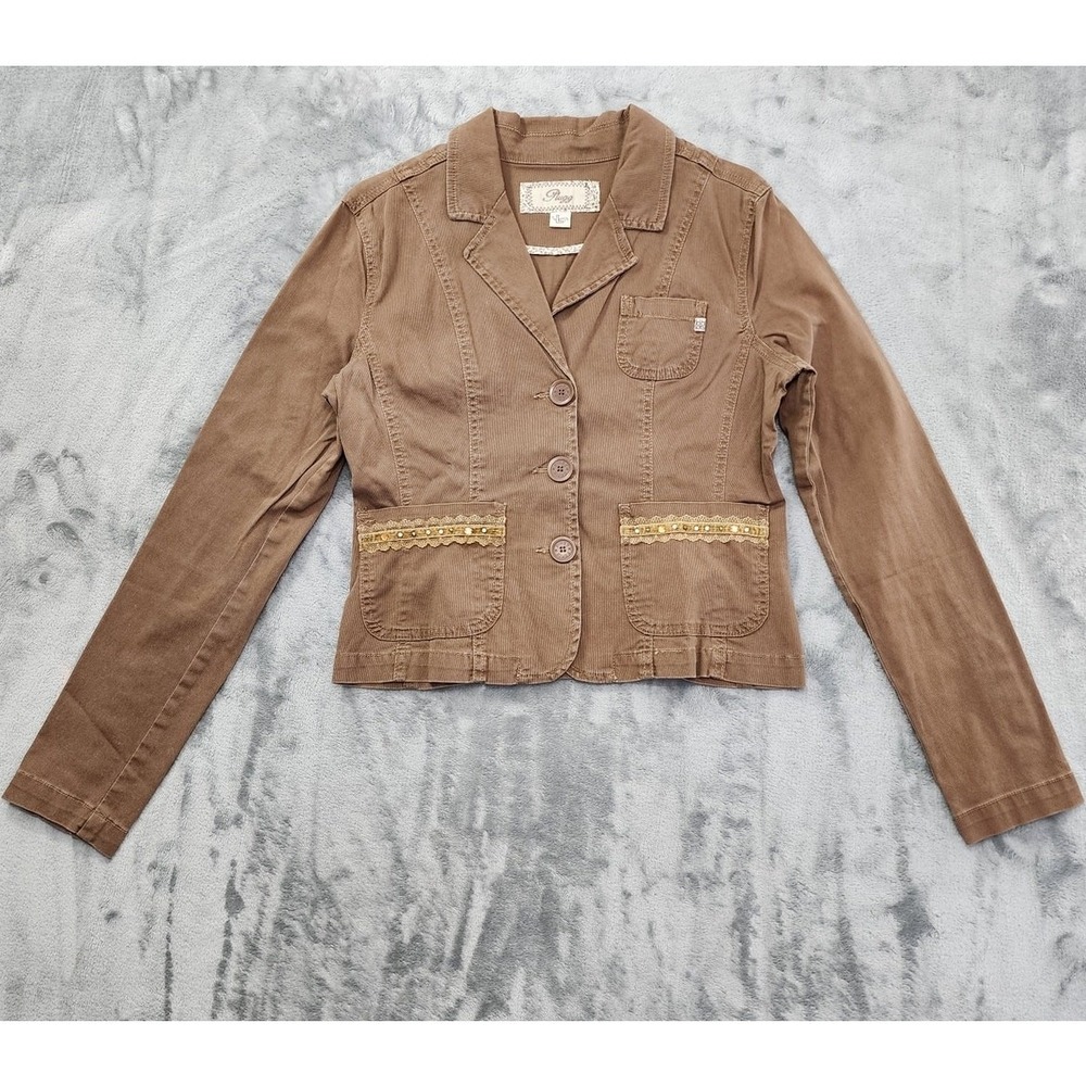 Vintage Plugg Jacket Womens L Brown Stretch Twill Beaded Blazer Boho Preppy‎ Y2K